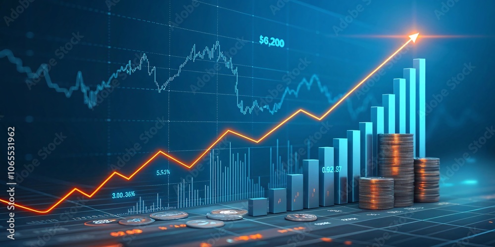 Fototapeta premium Futuristic 3D Financial Chart with Neon Accents and Upward Trends V2