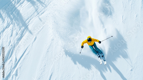 A skier speeding down a powdery mountain slope, fresh snow spraying in the air as they carve through the snow, top view.