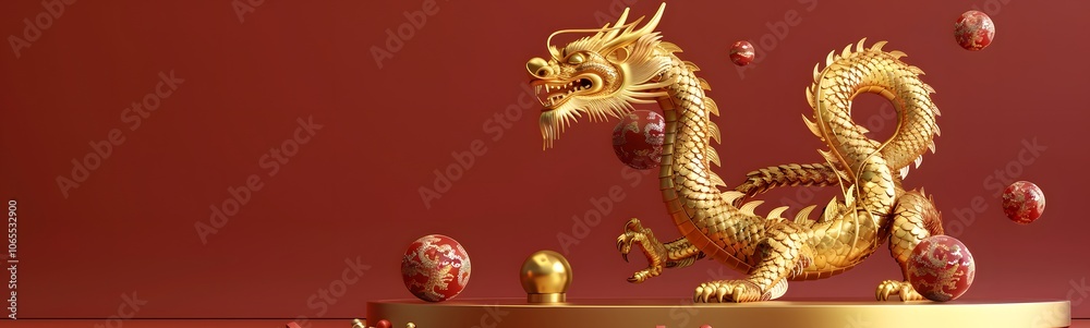 Fototapeta premium Dragon 3D chinese 2024 year gold new lunar cny podium happy background red golden. Chinese dragon 3D banner china festive illustration invitation money party green japanese render celebration blue.