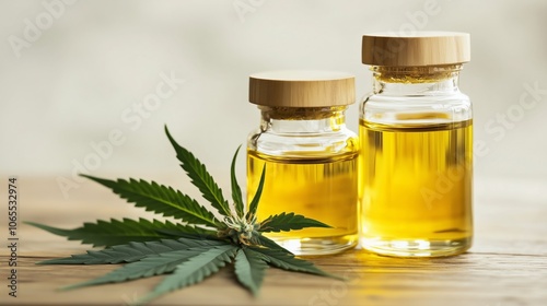 Two Glass Bottles of Hemp Oil with Wooden Lids