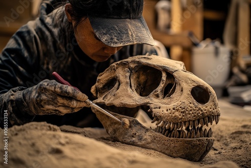 An archaeologist examines an ancient skull with precision tools, demonstrating the careful balance between historic understanding and delicate technological application. photo