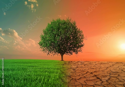 Tree beside orange sky with contrasting grass representing climate change
