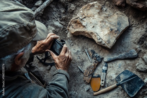 An archaeologist photographs fossils and tools at a dusty excavation site, capturing hints of ancient history and the essence of exploration.