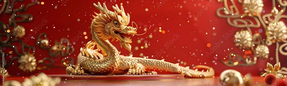 Fototapeta premium Dragon 3D chinese 2024 year gold new lunar cny podium happy background red golden. Chinese dragon 3D banner china festive illustration invitation money party green japanese render celebration blue. 