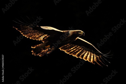 A majestic eagle gracefully soars through the dramatic contrast of a dark sky illuminated by the warm light, symbolizing freedom and strength. photo