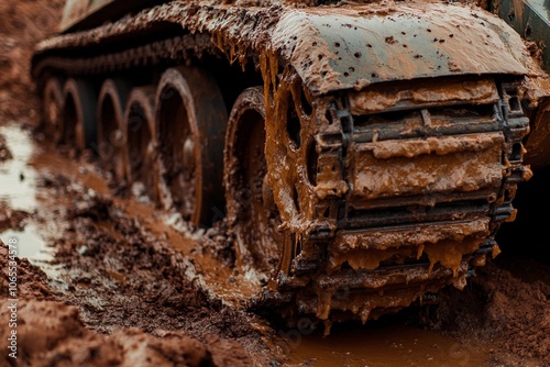 A muddy tank track navigating rough terrain during a challenging military exercise. Generative AI photo