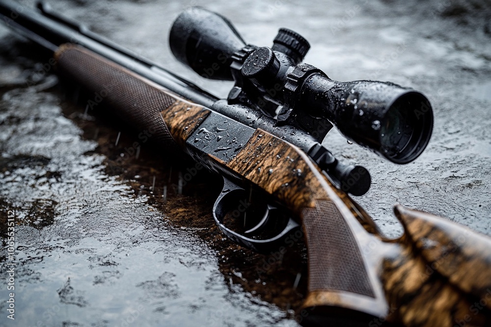 Obraz premium A detailed close-up of a hunting rifle with raindrops on the surface in nature. Generative AI