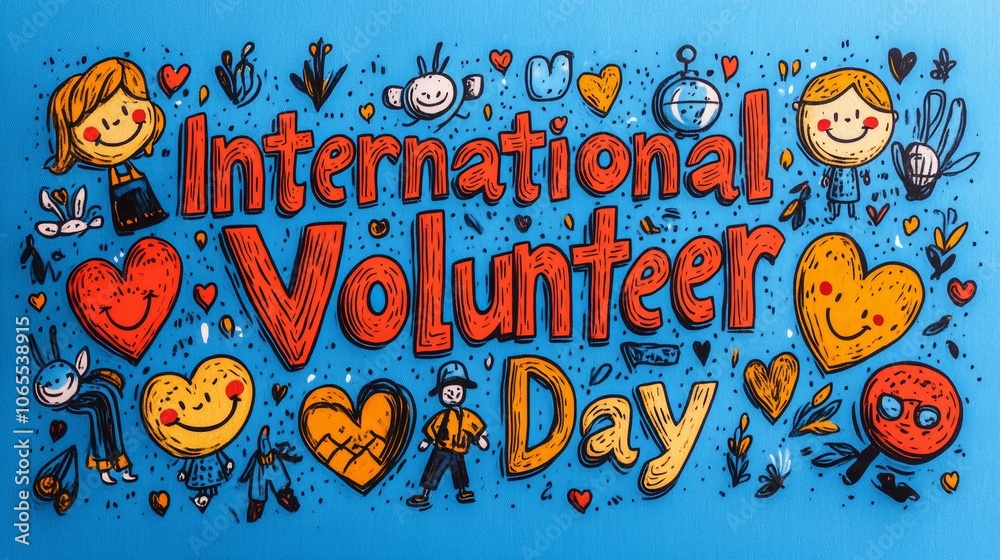 Obraz premium Cheerful International Volunteer Day sign with colorful icons and playful lettering