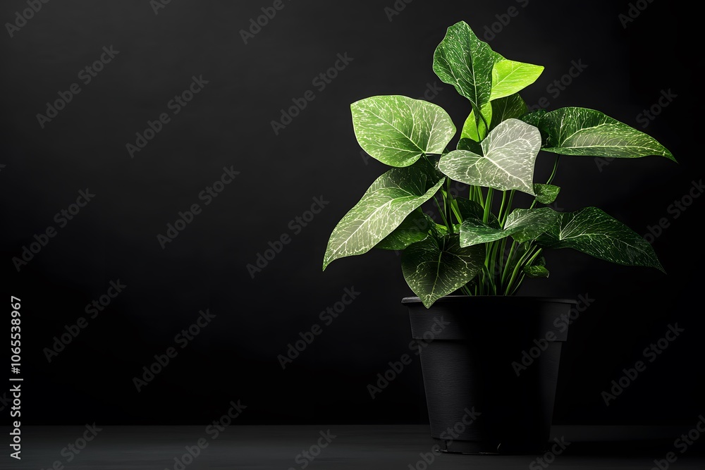 Fototapeta premium growth of young potted plant on the black background, representing minimalism, new beginnings and hope