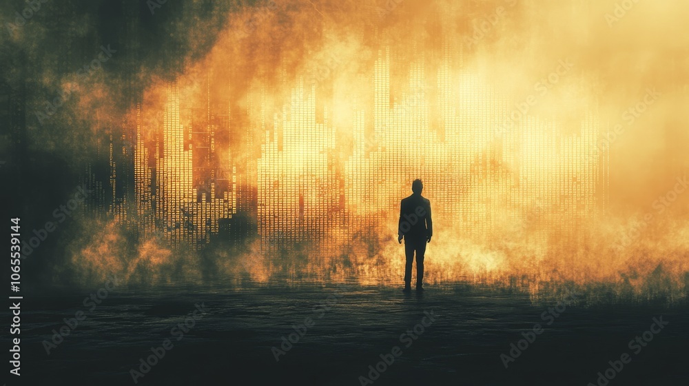 Fototapeta premium A Solitary Figure Gazing at an Abstract Golden Wall of Data