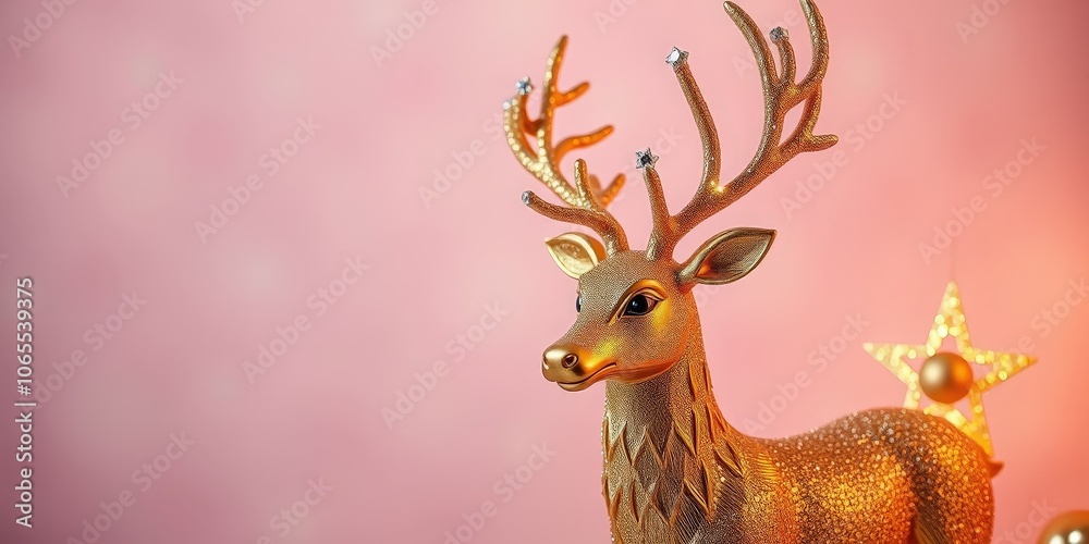 Fototapeta premium A Glittering Golden Reindeer Figurine with Delicate Antler Details Stands Against a Soft Pink Background