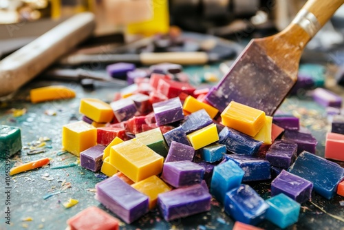 A variety of vivid wax cubes are being carefully shaped in an artistic space, highlighting the creative process and precision involved in creating colorful art. photo