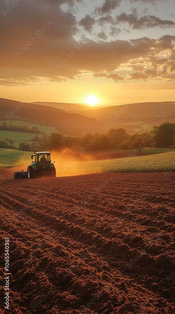 Fototapeta premium Sunset farming scene with tractor and soil preparation for World Soil Day