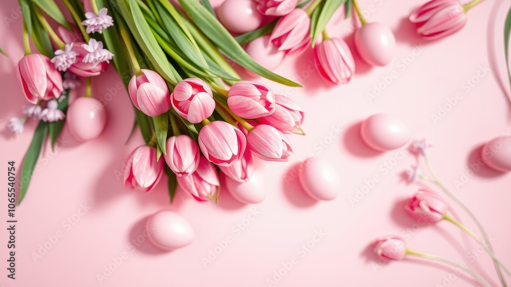 Fototapeta premium Delicate pink tulips and pastel eggs scattered on a soft pink background create a whimsical springtime scene.