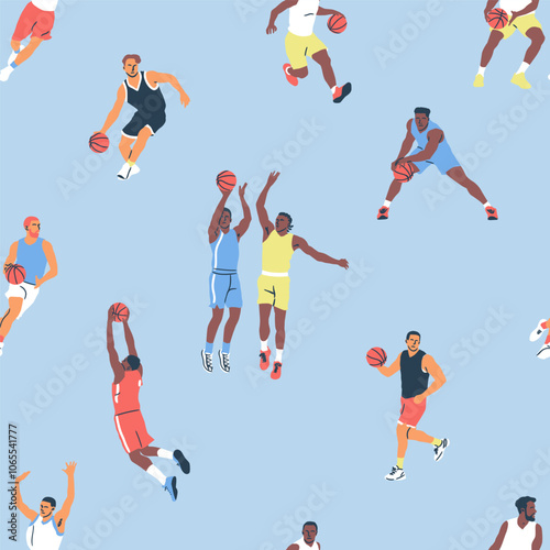 Diverse basketball player men athlete team seamless pattern. Colorful retro style basket ball game male players print illustration. Includes slam dunk, jump pose background.
