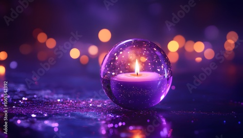 A purple candle in an orb-shaped glass on a dark background with bokeh lights. An abstract, dreamy, and magical concept of love for Christmas holiday celebration photo