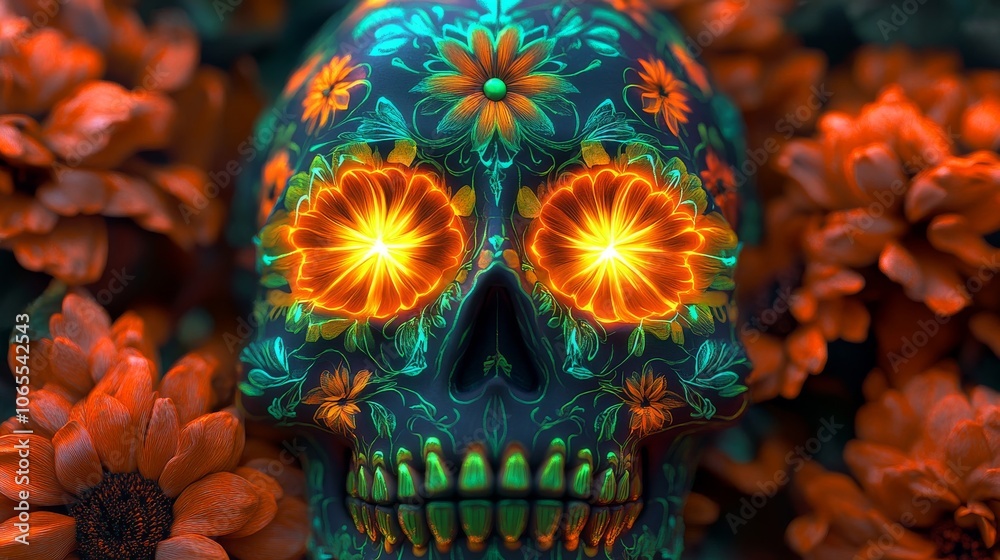 Fototapeta premium A Sugar Skull Decorated with Bright Orange Flowers