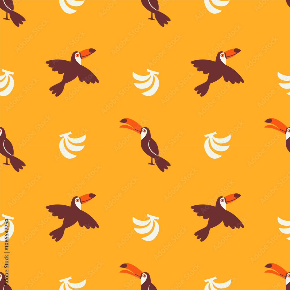 Obraz premium Retro toucan bird summer seamless pattern. Hand drawn style tropical background illustration. Vintage exotic nature textile print, jungle animal texture with banana fruit.