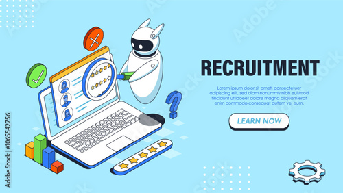 Isometric recruitment poster. Bot with magnifying glass near laptop. Virtual assistant with artificial intelligence evaluates job candidates. Landing webpage design. Linear vector illustration