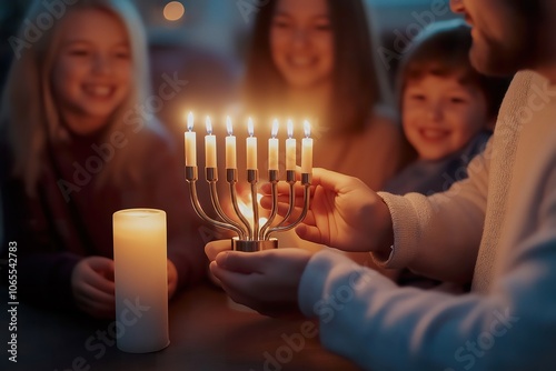 Lighting the menorah at home with family during Hanukkah celebration photo