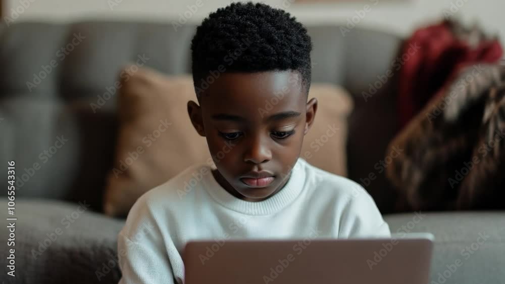 A young black boy focused on his laptop while sitting on a cozy couch in a warmly decorated living room in the afternoon light A young black boy focused on his laptop while sitting on a cozy couch in a warmly decorated living room in the afternoon light