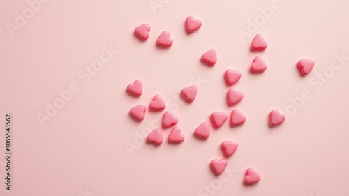 A scattering of pink heart-shaped candies on a delicate blush background, a sweet and simple expression of love. photo