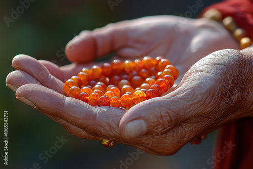 hands in prayer holding japa mala beads. photo