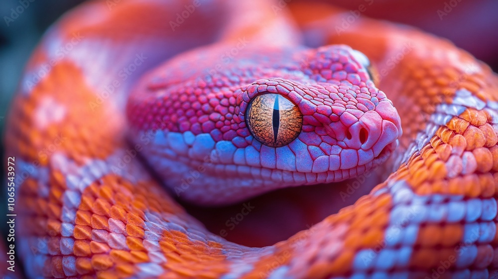 Fototapeta premium Close-up of a red and orange snake's head with a bright yellow eye.