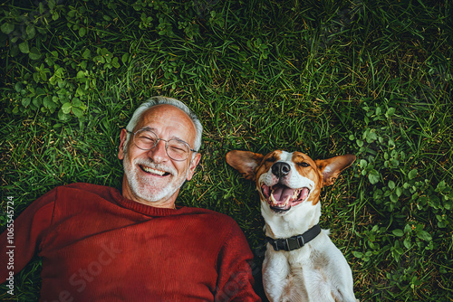 Happy Middle-Aged Man Laying on Grass with His Small Dog, Top View
