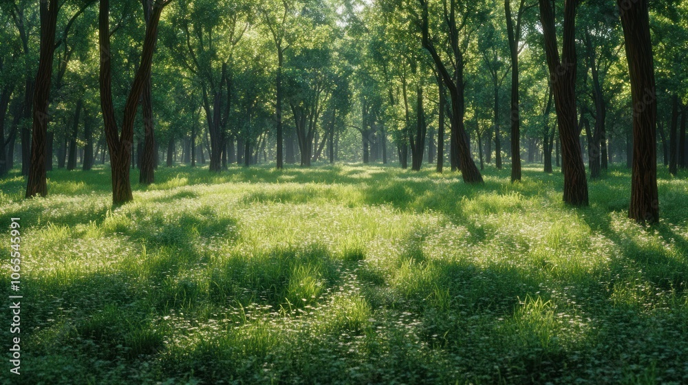 Fototapeta premium A serene forest scene with lush greenery and dappled sunlight filtering through trees.