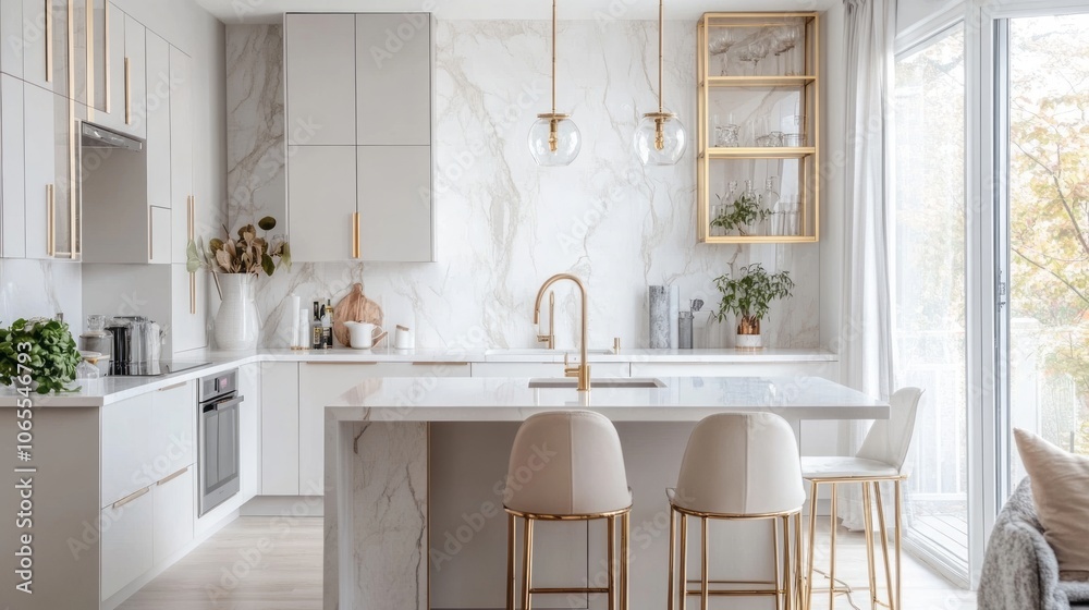 Fototapeta premium Modern Kitchen Interior with White Cabinets, Marble Backsplash, and Gold Accents