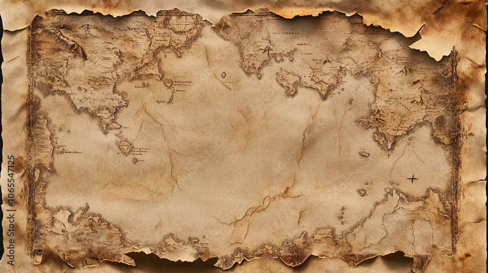 Fototapeta premium Antique treasure map depicting islands and coastlines on aged parchment paper, evoking adventure and exploration in a distant ocean