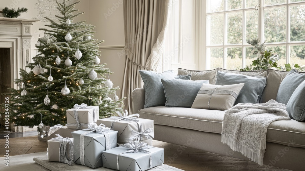 Obraz premium Beautifully wrapped presents with silver ribbons under a modern, elegantly decorated Christmas tree, creating a warm holiday setting in a cozy room.
