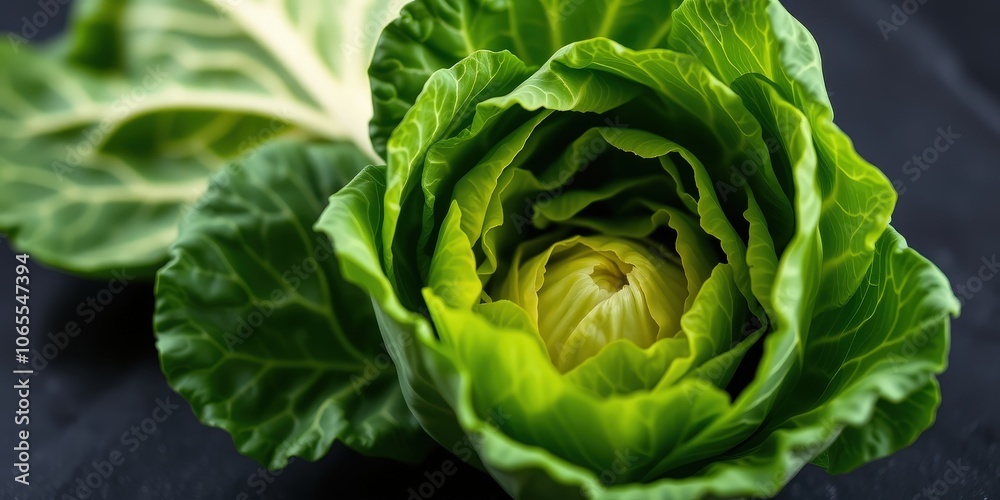 Obraz premium A vibrant green cabbage head unfolds its leaves, revealing a pale heart of light and a delicate texture