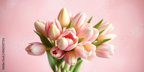 A delicate bouquet of blush pink tulips, their petals gently unfurling against a soft pink background, captures the essence of springtime beauty.