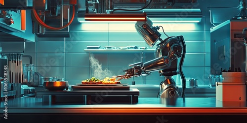 Futuristic Robot Chef Preparing Food in Modern Kitchen