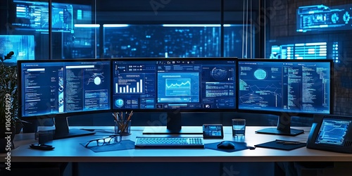 Modern Office Desk with Triple Monitors  Charts  and Data