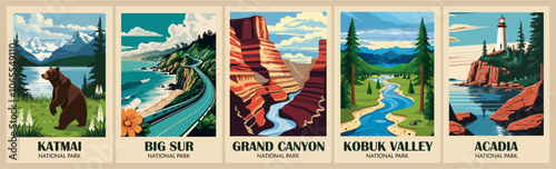 Set of Retro National Parks posters, Vintage USA travel illustrations. Trendy printable wall art with beautiful american landscapes. Vector colorful illustrations.	