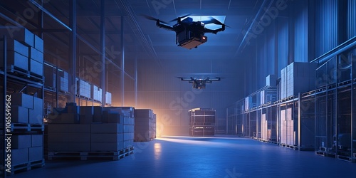 Drones Flying Through a Warehouse with Pallets of Boxes