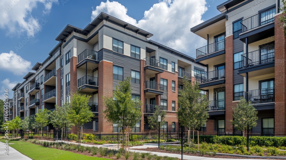 Fototapeta premium Modern apartment complex with balconies and landscaped surroundings under a blue sky.