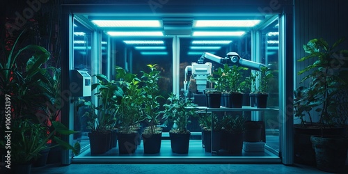 Futuristic Greenhouse with Robotic Arm and Plants Under Blue Light