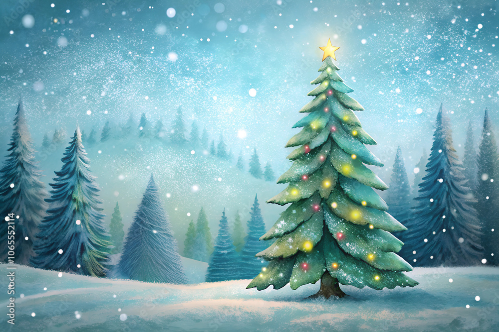 Obraz premium Snow-Covered Christmas Tree with Delicate Fairy Lights in a Winter Forest, Subtle Snowfall, Rich Greens and Cool Whites, Peaceful Holiday Scene, Perfect for a Serene Seasonal Card, with Copy Space
