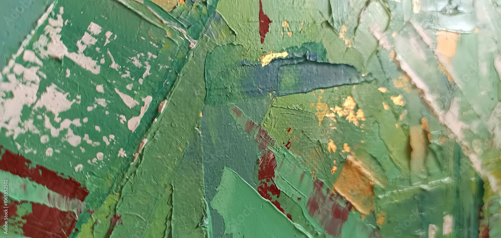Fototapeta premium Abstract green texture with red and gold accents. A fragment of an abstract painting with an expressive green texture, complemented by red and gold elements.