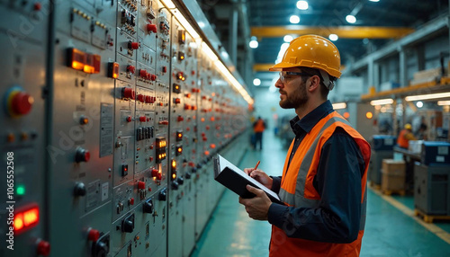 An electrical engineer inspects a control panel, ensuring safety and precision in industrial operations.

