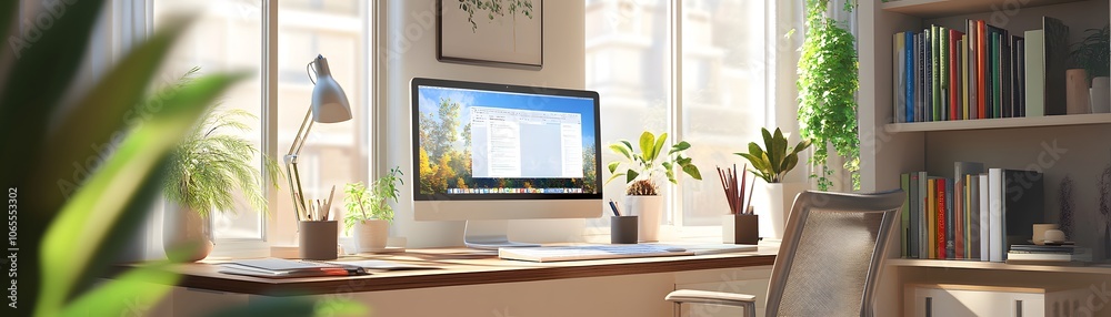 Fototapeta premium A Bright Home Office Space with a Computer, Plants, and Books