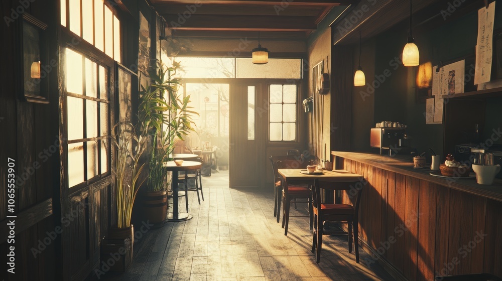 Fototapeta premium Sunlit Cafe Interior With Wooden Tables and Chairs Vintage Ambiance