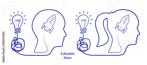 Woman, man business face design, editable line icon vector with business lightbulb, spaceship. Male, female business sign, to use for brainstorm, diversity, intelligence, business plan illustration. 