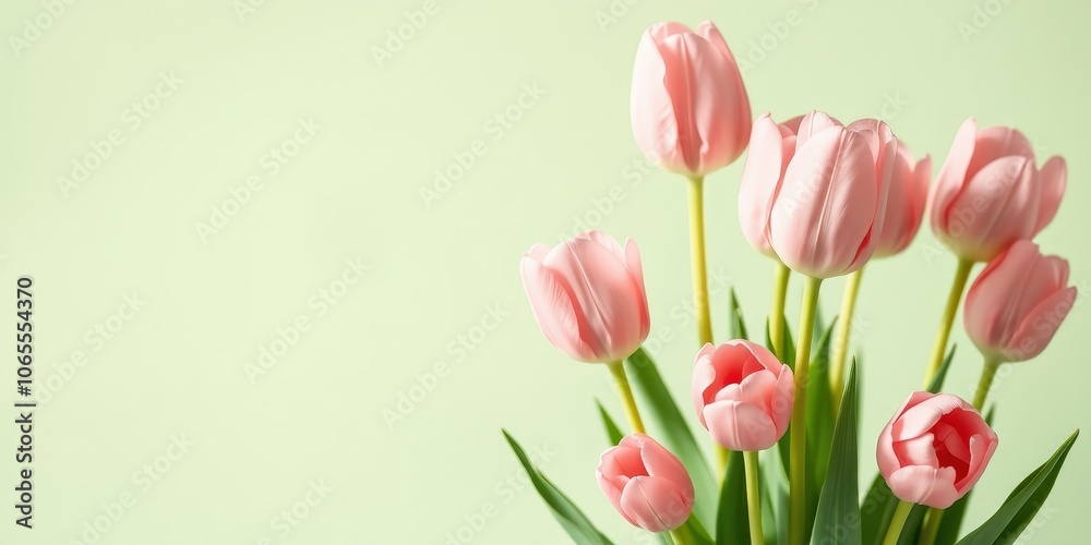 Obraz premium A bouquet of delicate pink tulips against a soft green background, showcasing the natural beauty of spring blooms.