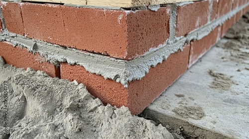 Close-up of red bricks being aligned on an exterior wall, with cement layers visible between each brick, showing a detailed construction process. photo