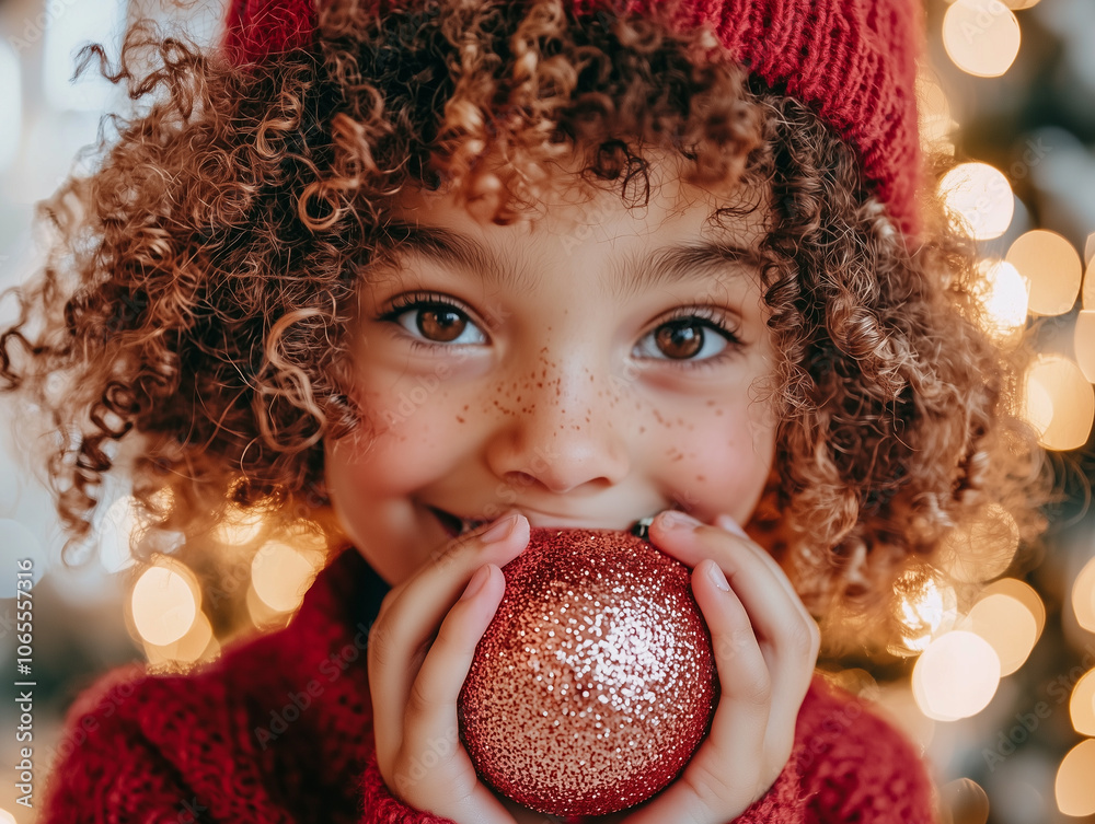 Naklejka premium child holding a Christmas toy, capturing a moment of joy and festive spirit